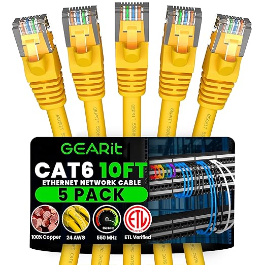 GEARit Cat 6 Ethernet Patch Cable 10 ft Yellow Cat6 Patch Cables 10ft by GEARit
