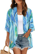 Women's Floral Print Puff Sleeve Kimono Cardigan Loose Cover Up Casual Blouse by CHICGAL