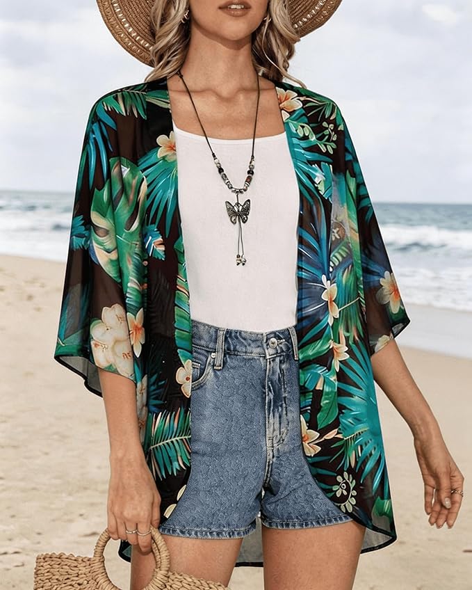 Women's Floral Print Puff Sleeve Kimono Cardigan Loose Cover Up Casual Blouse - Image 6