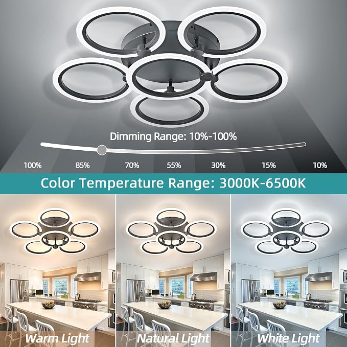 LED Ceiling Light, 6-Ring Modern Flush Mount Fixture, 77W Dimmable 3000K–6500K - Image 2