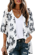 Women's Floral Print Puff Sleeve Kimono Cardigan Loose Cover Up Casual Blouse by CHICGAL