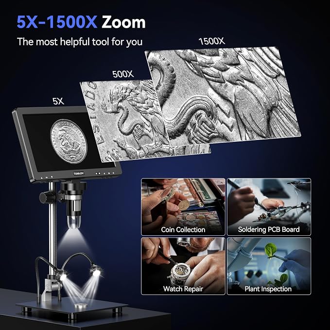 TOMLOV DM9 Max Digital Microscope: 20MP 10.1" 1500X HD IPS Coin Microscope - Image 3