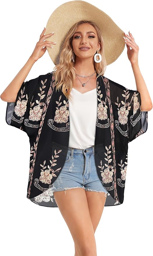 Women's Floral Print Puff Sleeve Kimono Cardigan Loose Cover Up Casual Blouse - Image 6