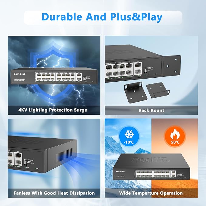 Real HD 16 Port PoE Switch, High Power 300W, 16 PoE+ 100Mbps Ports - Image 4