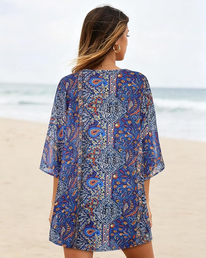 Women's Floral Print Puff Sleeve Kimono Cardigan Loose Cover Up Casual Blouse - Image 6