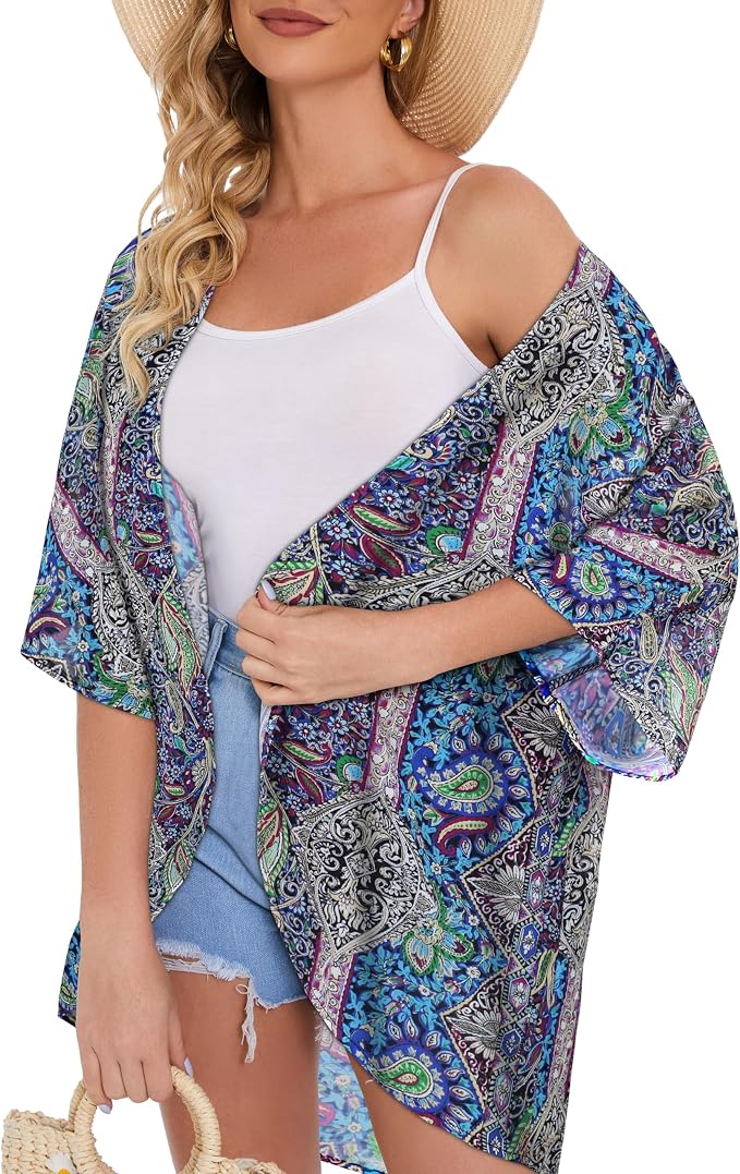 Women's Floral Print Puff Sleeve Kimono Cardigan Loose Cover Up Casual Blouse - Image 3