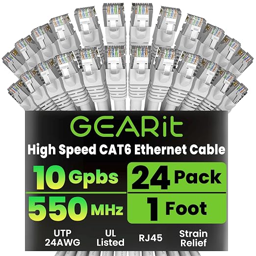 GEARit Cat 6 Ethernet Patch Cables 1 ft White, High Speed 24AWG 10Gbps RJ45 by GEARit