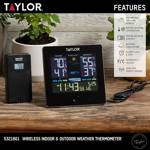 Taylor Digital Wireless Deluxe Indoor Outdoor Thermometer, Weather Station - Image 2