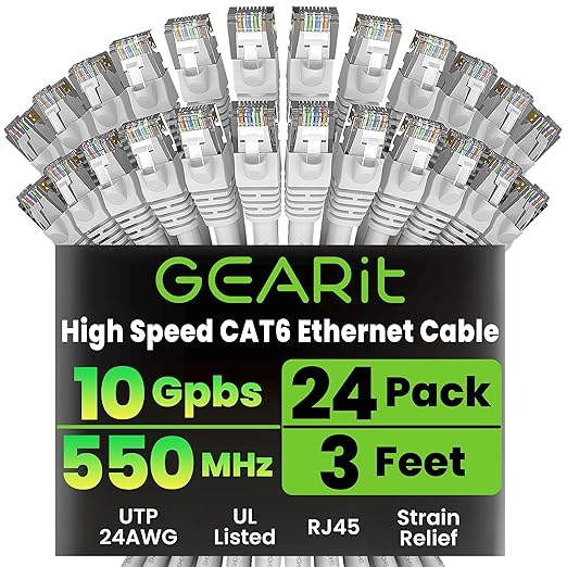 GEARit Cat 6 Ethernet Patch Cables 3 ft White, High Speed 24AWG 10Gbps RJ45 by GEARit