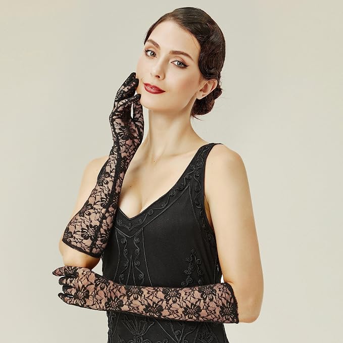 BABEYOND Lace Gloves for Women Long Floral Wedding Gloves for Bride Satin Elbow - Image 3