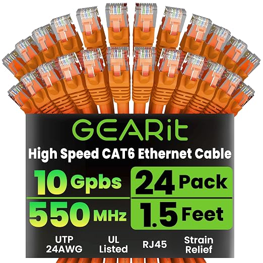 GEARit Cat 6 Ethernet Patch Cables 1.5 ft Orange, High Speed 24AWG 10Gbps RJ45 by GEARit