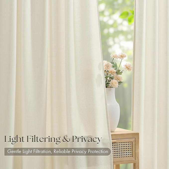 Cream Beige Pinch Pleated Linen Curtains 96 Inch 4 Panels Set - Image 3