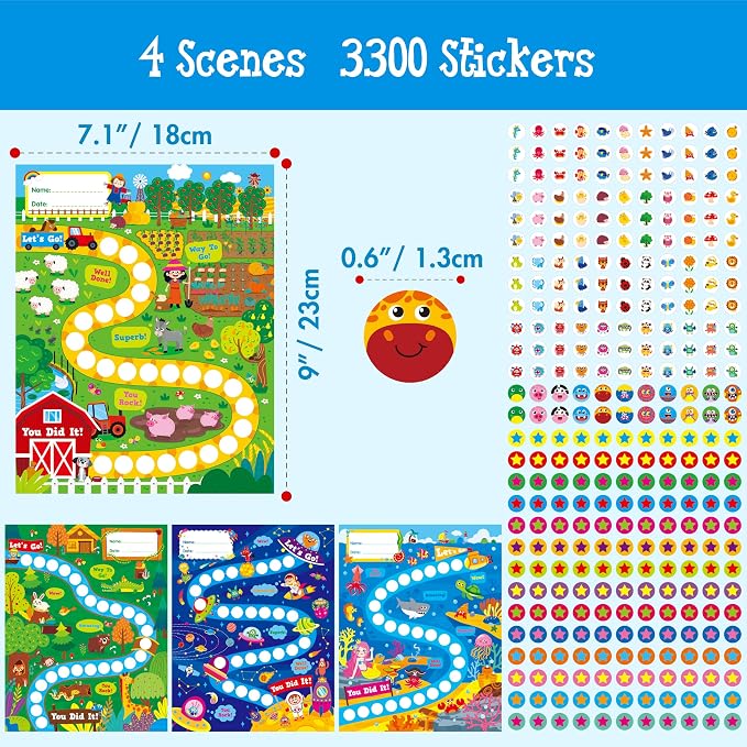 4 Incentive Charts with 3300 Reusable Stickers, Forest/Farm/Ocean/Space Themed - Image 2