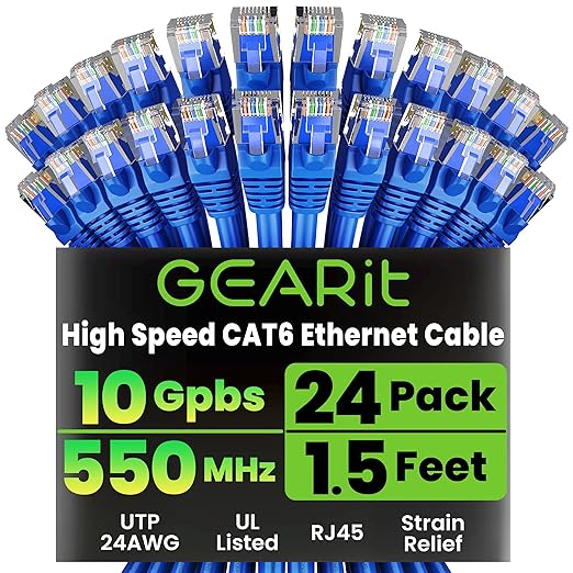 GEARit Cat 6 Ethernet Patch Cable 1.5 ft Blue, High Speed 24AWG 10Gbps RJ45 by GEARit
